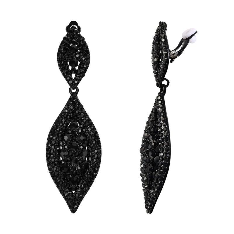 Flyonce Clip On Earrings for Women, Glitter Rhinestone Crystal Wedding Bridal Clip-on Drop Dangle Earring for Non Pierced Ears Black Black-Tone - Image 2